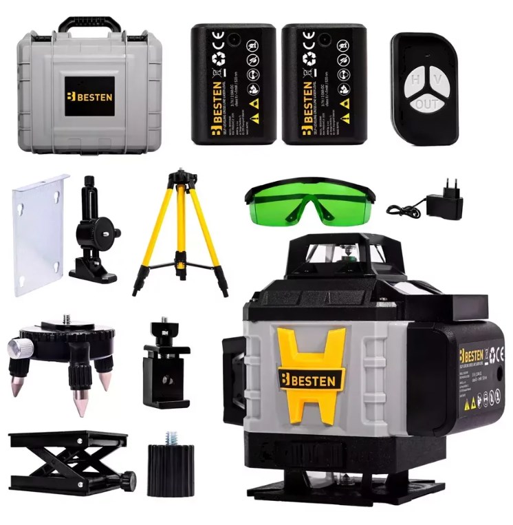 BESTEN Poziomica laserowa 4D 16 linii BE0002848 z zielonym laserem 532 nm i statywem 118 cm